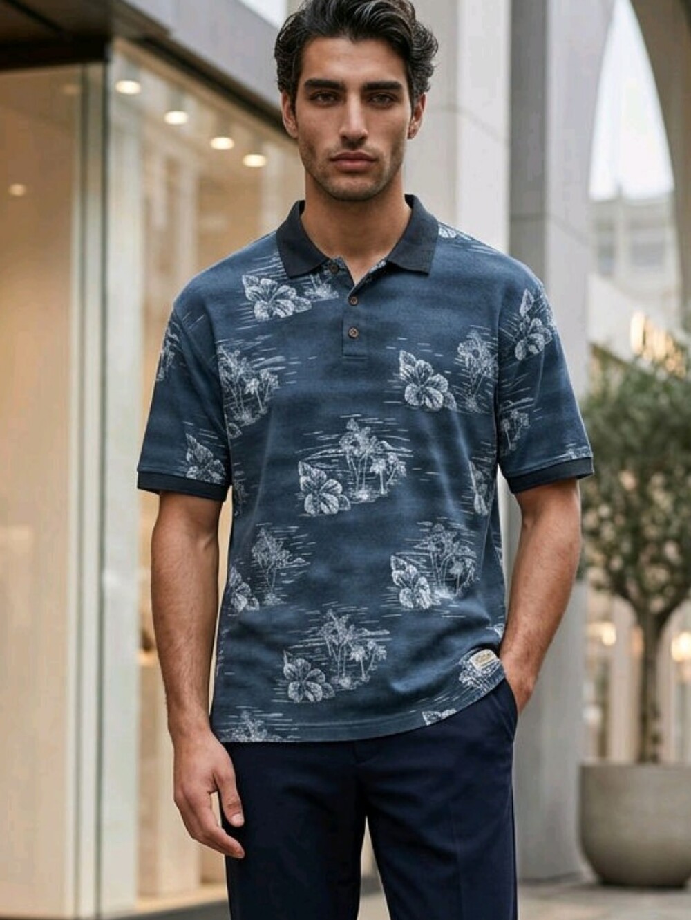 NWOT Men's Tommy Bahama Blue Polo Floral Palm Leaves Hawaiian Silk Cotton Sz M
